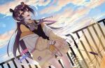  1girl :d bangs black_vest blush brown_eyes cloud cloudy_sky coat day feet_out_of_frame hair_ornament hairclip haruwo highres holding holding_umbrella long_hair long_sleeves looking_at_viewer necktie nijisanji off_shoulder open_clothes open_coat outdoors puffy_long_sleeves puffy_sleeves purple_hair shirt short_sleeves skirt sky smile solo standing striped_necktie transparent transparent_umbrella two_side_up umbrella umise_yotsuha very_long_hair vest virtual_youtuber yellow_shirt yellow_skirt 