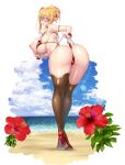  1girl alternate_costume aoi_nagisa_(metalder) ass beach bent_over bikini blonde_hair blue_sky blush breasts cleavage clothes_pull cloud flower full_body glasses hair_flower hair_ornament hibiscus high_heels highres impossible_clothes kosaka_shizuru large_breasts looking_at_viewer looking_back nipples ocean puffy_nipples sidelocks sky solo string_bikini sunlight sweat sweatdrop swimsuit taimanin_(series) taimanin_rpgx thighhighs thong_bikini underwear water 