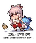  &gt;_&lt; 2girls blue_bow blue_dress blue_hair bow chinese_text cirno clenched_teeth collared_shirt crying detached_wings dress english_text fairy fujiwara_no_mokou hair_between_eyes hair_bow ice ice_wings jokanhiyou long_hair multiple_girls open_mouth pants puffy_short_sleeves puffy_sleeves red_eyes red_pants shirt short_hair short_sleeves simple_background simplified_chinese_text suspenders teeth touhou white_background white_bow white_hair white_shirt wings 