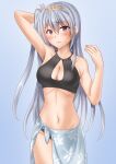  1girl anti_(untea9) bare_arms bare_shoulders bikini black_bikini blue_sarong blush breasts cleavage closed_mouth clothes_writing collarbone cowboy_shot fuyutsuki_(kancolle) grey_eyes grey_hair groin hachimaki hair_between_eyes headband highres kantai_collection long_hair medium_breasts navel sarong solo swimsuit white_headband 