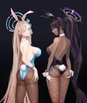  2girls absurdres animal_ears ass ass_support asuna_(blue_archive) asuna_(bunny)_(blue_archive) bangs bare_shoulders black_background black_hair black_leotard blue_archive blue_eyes blue_leotard blush breasts butt_crack choco_bear cowboy_shot dark-skinned_female dark_skin detached_collar elbow_gloves fake_animal_ears fishnet_legwear fishnets gloves hair_over_one_eye highleg highleg_leotard highres karin_(blue_archive) karin_(bunny)_(blue_archive) large_breasts leotard light_brown_hair long_hair looking_at_viewer mole mole_on_breast multiple_girls pantyhose playboy_bunny ponytail rabbit_ears rabbit_tail sideboob sidelocks smile tail thighs white_gloves yellow_eyes 