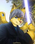  angel anthro black_body black_clothing black_fur black_jacket black_tipped_ears black_topwear blue_clothing blue_lightsaber blue_shirt blue_topwear canid canine clothing ear_piercing ear_ring edit eyes_on_wings fox fur glowing gold_ear_ring gold_earring golden_earrings hair half_smile harulemon holding_object holding_weapon hybrid jacket light lightsaber looking_at_viewer male mammal melee_weapon multiple_earrings narrowed_eyes okari outside photo_manipulation photography_(artwork) piercing pink_nose plant ring_piercing shadow shirt signature silver_hair sky smile solo solo_focus star_wars topwear tree weapon wings yellow_body yellow_fur yellow_wings 