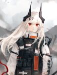  1girl absurdres arknights armor artist_name demon_horns explosive grenade grey_sky gupipy hair_ornament highres horns long_hair looking_at_viewer mudrock_(arknights) no_headwear no_helmet outdoors pointy_ears pouch red_eyes solo upper_body white_hair 