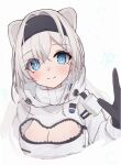  1girl animal_ears arknights aurora_(arknights) bear_ears bear_girl black_gloves black_hairband blue_eyes breasts cleavage cleavage_cutout clothing_cutout extra_ears gloves grey_hair hairband hand_up highres jacket large_breasts long_hair looking_at_viewer matchadzuke simple_background smile solo white_background white_jacket 