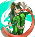  1girl absurdres aodaisuki asui_tsuyu belt bodysuit boku_no_hero_academia breasts covered_navel cowboy_shot dark_green_hair frog_girl from_above gloves goggles goggles_on_head green_bodysuit hair_between_eyes hair_rings highres large_breasts long_hair long_sleeves long_tongue looking_at_viewer low-tied_long_hair open_mouth pantylines smile standing standing_on_one_leg tareme tongue utility_belt very_long_hair very_long_tongue waving 