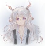  1boy animal_ears arknights bangs calcite_(arknights) closed_mouth collarbone collared_shirt commentary_request dress_shirt gradient gradient_background grey_background hair_between_eyes horns long_hair looking_at_viewer male_focus purple_eyes shirt smile solo suspenders upper_body white_background white_hair white_shirt yunxishuijian 