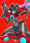  1girl alien blue_eyes breasts curvy energy_sword humanoid_robot medium_breasts panties red_background red_panties robot solo sword tetsuya-o thick_thighs thighs transformers transformers_cyberverse underwear weapon windblade wings 