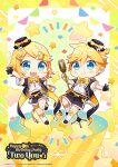  1boy 1girl artist_name blonde_hair blue_eyes bunting character_name chibi copyright_name english_text fang full_body highres holding holding_microphone_stand kagamine_len kagamine_rin kagamine_rin/len_happy_14th_birthday microphone microphone_stand nokuhashi official_alternate_costume official_art second-party_source skin_fang smile star_(symbol) two_you_(vocaloid) vocaloid 