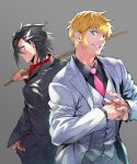  2boys alternate_costume back-to-back black_hair black_jacket black_pants black_shirt blonde_hair blue_eyes collared_shirt expressionless fate/grand_order fate_(series) fingernails fist_in_hand formal grey_background grey_eyes grin hand_in_pocket holding holding_sword holding_weapon jacket kotobuki_toro kunai looking_at_viewer looking_back male_focus mandricardo_(fate) multicolored_hair multiple_boys necktie open_clothes open_jacket pants pink_necktie pinstripe_pattern pinstripe_suit pinstripe_vest red_shirt roland_(fate) shirt short_hair sideburns simple_background smile spiked_hair streaked_hair striped suit sword upper_body v-shaped_eyebrows vest weapon white_hair white_jacket white_pants white_suit white_vest 