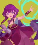  1girl bangs book dress fire_emblem fire_emblem:_the_sacred_stones highres holding holding_book lute_(fire_emblem) magic medium_hair open_mouth outstretched_arm purple_dress purple_eyes purple_hair ruuu_ran_ran sleeveless sleeveless_dress solo teeth twintails upper_teeth yellow_background 
