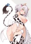  1girl absurdres animal_ears animal_print apron ass blush bow breasts censored cow_ears cow_horns cow_print cow_tail detached_sleeves green_eyes grey_hair highres hololive horns large_breasts looking_at_viewer naked_apron nipples shirogane_noel short_hair sideboob solo tail tail_bow tail_ornament thighhighs virtual_youtuber wavy_hair yokojima_kemomi_mi_chuushin 