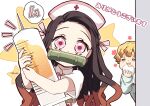  1girl absurdres agatsuma_zenitsu blonde_hair breasts brown_hair cleavage dress eating food hair_ornament hair_ribbon hat highres kamado_nezuko kimetsu_no_yaiba long_hair long_sleeves multicolored_hair nurse nurse_cap pink_eyes pink_ribbon pori_(kmt_pori) ribbon short_hair short_sleeves syringe thighhighs twitter_username very_long_hair 