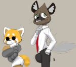  aggressive_retsuko ailurid anthro big_breasts black_eyes black_pupils bodily_fluids bottomwear breasts brown_body bulge butt clothed clothing dress_shirt duo erection erection_under_clothing female green_eyes haida hand_in_pocket hyaenid jacket larger_male looking_away looking_back male mammal multicolored_body necktie nipple_outline pants pockets pupils red_panda retsuko sanrio shirt shorts sixsidesofmyhead size_difference smaller_female spotted_hyena sweat topwear 