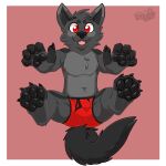  1:1 2022 anthro balls_outline biped black_body black_fur black_inner_ear black_nose black_pawpads black_seam_underwear black_tail blep border boxer_briefs bulge canid canine canis chest_tuft claws clothed clothing colored_seam_underwear cute_fangs detailed_bulge eyebrows feet foot_focus fur gaokun genital_outline grey_body grey_ears grey_eyebrows grey_fur grey_hair hair hi_res inner_ear_fluff looking_at_viewer male mammal monotone_tail mostly_nude multi_tone_fur multicolored_ears neck_tuft partially_clothed pawpads pink_background red_clothing red_eyes red_underwear simple_background solo toe_claws tongue tongue_out tuft two_tone_ears underwear watermark white_border wolf 
