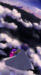  3girls cape cloud dauchimk_1 dawn floating from_behind hakurei_reimu highres kirisame_marisa multicolored_clothes multicolored_hairband multiple_girls patchwork_clothes purple_hair rainbow_gradient short_hair sky tenkyuu_chimata touhou white_cape zipper 