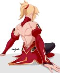  1girl arm_support back blonde_hair commentary detached_sleeves english_commentary fate/apocrypha fate_(series) highres mordred_(fate) muscular muscular_female ponytail signature simple_background sitting solo watermark white_background zealyush 