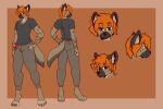  2022 3:2 4_toes absurd_res anthro arm_wraps barefoot black_nose brown_body brown_fur butt clothed clothing digitigrade feet fingers fluffy fluffy_tail fur grey_body grey_fur hair hand_on_hip hi_res hyaenid looking_at_viewer male mammal model_sheet orange_hair shirt short_hair smile solo spots spotted_body spotted_fur standing the_man toes topwear wraps 