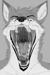  absurd_res anthro bodily_fluids bust_portrait canid canine cheek_tuft eyebrows facial_tuft fangs fox front_view glistening glistening_eyes glistening_lips glistening_nose greyscale head_tuft hi_res imperatorcaesar lips looking_at_viewer male mammal monochrome mouth_shot neck_tuft open_mouth portrait saliva saliva_on_tongue saliva_string simple_background solo tuft 