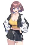  absurdres baffu blue_eyes breasts brown_hair cleavage collarbone hair_ornament hairclip hands_on_hips highres hitoyo_(baffu) huge_breasts jacket large_breasts looking_at_viewer navel open_mouth original short_hair shorts smile standing tank_top 