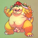  2022 anthro balls belly big_belly bowser genitals hi_res humanoid_genitalia humanoid_hands humanoid_penis koopa korndoggychub male mario_bros moobs nintendo nipples overweight overweight_male penis scalie solo tongue tongue_out video_games 