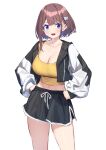  1girl absurdres baffu blue_eyes breasts brown_hair cleavage hair_ornament hairclip highres hitoyo_(baffu) huge_breasts jacket navel open_mouth original short_hair shorts simple_background solo white_background 