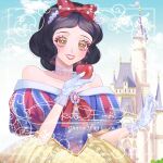  apple black_hair blue_sky border bow brown_eyes castle choker cloud disney dress food fruit hair_bow highres jewelry necklace off-shoulder_dress off_shoulder okitafuji princess puffy_short_sleeves puffy_sleeves short_hair short_sleeves sky snow_white_(disney) snow_white_and_the_seven_dwarfs 