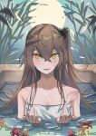  1girl absurdres bangs bare_shoulders blush breasts brown_hair cleavage collarbone fuku00 girls&#039;_frontline hair_ornament hairclip highres long_hair looking_at_viewer naked_towel on_water onsen open_mouth scar scar_across_eye side_ponytail small_breasts smile solo towel ump45_(girls&#039;_frontline) upper_body yellow_eyes 