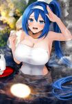  1girl bangs bare_shoulders blue_eyes blue_hair blurry blurry_background blush breasts cleavage collarbone commission cup hairband holding holding_cup large_breasts long_hair looking_at_viewer naked_towel on_water onsen open_mouth original ponytail salute sitting skeb_commission smile solo steam stone sweat towel tray water wet white_hairband yunamaro 