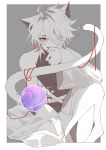  1boy absurdres ahoge alef_(sky:_children_of_the_light) antenna_hair bare_shoulders belt bishounen cat_boy cat_girl cat_tail earrings fang fang_out floating galaxy globe grey_hair hair_over_one_eye highres jewelry jiusuidebaize long_sleeves looking_at_viewer male_focus open_mouth red_eyes red_nails short_hair single_sleeve sitting sky:_children_of_the_light solo spiked_hair string string_of_fate tail white_hair 