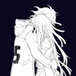  1boy 1girl apron bandaged_arm bandages bangs black_background daisy_(dchw21) danganronpa_(series) danganronpa_2:_goodbye_despair from_side hetero highres hood hood_down hooded_jacket hug jacket komaeda_nagito long_hair messy_hair mole mole_under_eye monochrome puffy_short_sleeves puffy_sleeves short_sleeves simple_background tsumiki_mikan 