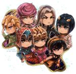  1girl 6+boys :3 animal_print artist_name black_eyes black_hair black_lips blonde_hair blue_eyes blue_necktie bob_cut bruno_buccellati chibi choker frown giorno_giovanna green_eyes grey_hair guido_mista hairband hat jojo_no_kimyou_na_bouken leone_abbacchio long_hair mirshroom multiple_boys narancia_ghirga necktie pannacotta_fugo pink_hair pink_lips short_hair smile sweater tiger_print trish_una turtleneck turtleneck_sweater vento_aureo watermark wristband yellow_eyes zipper 