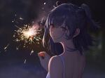  1girl ameyame bangs bare_back bare_shoulders blurry blurry_background blush dark_blue_hair dress fireworks from_behind hair_between_eyes highres holding_fireworks idolmaster idolmaster_shiny_colors looking_at_viewer looking_back medium_hair morino_rinze night parted_lips ponytail red_eyes short_ponytail sidelocks smile smoke solo sparkler sparks sundress upper_body 