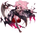  anklet asymmetrical_legwear bracer cape detached_sleeves gem high_heels hololive hololive_english jewelry looking_at_viewer microphone mori_calliope official_art pink_hair scythe side_slit tiara torn_clothes veil virtual_youtuber yukisame 