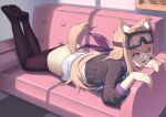  1girl absurdres animal_ear_fluff animal_ears arknights ass black_jacket black_pantyhose cardigan_(arknights) clothes_pull couch dog_ears dog_girl dog_tail feet_up full_body goggles goggles_on_head highres jacket light_brown_hair long_hair lying neckerchief no_shoes on_stomach pantyhose pantyhose_pull ponytail purple_eyes purple_neckerchief shirt sleeves_past_elbows solo tail wangguan_ord white_shirt 
