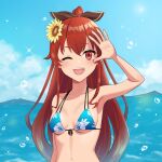  1girl armpits bikini blue_bikini eris_greyrat floral_print flower front-tie_bikini front-tie_top hair_flower hair_ornament hibiscus_print mushoku_tensei one_eye_closed open_mouth ponytail print_bikini red_eyes red_hair sky solo swimsuit t-nyanko water 