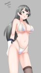  1girl agano_(kancolle) bikini black_hair breasts brown_thighhighs cowboy_shot dated grey_background highleg highleg_bikini highleg_swimsuit highres kantai_collection large_breasts long_hair maru_(marg0613) one-hour_drawing_challenge red_eyes simple_background single_thighhigh solo standing swimsuit thighhighs twitter_username white_bikini 