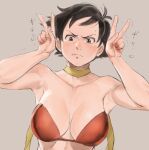  1girl black_eyes black_hair bra breasts cleavage collarbone double_v frown highres kaze_fukeba_nanashi large_breasts makoto_(street_fighter) red_bra short_hair solo street_fighter toned trembling underwear upper_body v v-shaped_eyebrows 