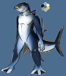  anthro black_eyebrows blue_background blue_body blue_tail eyebrows featureless_crotch fish forked_tail glistening glistening_eyes imperatorcaesar male marine membrane_(anatomy) open_mouth simple_background solo standing unusual_anatomy unusual_tail webbed_feet webbed_hands white_body yellow_body 