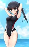  1girl agatsuma_kaede alice_gear_aegis armpits arms_behind_head black_hair black_swimsuit blue_sky breasts clothes_writing cloud covered_navel cowboy_shot day grey_eyes highres horizon long_hair medium_breasts multicolored_clothes multicolored_swimsuit nontemu ocean outdoors ponytail presenting_armpit sky solo swimsuit wet wet_clothes wet_swimsuit 