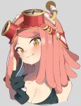  1girl :q black_gloves blush boku_no_hero_academia breasts cleavage fingerless_gloves gloves goggles goggles_on_head grey_background hatsume_mei highres looking_at_viewer medium_breasts pink_hair rasusurasu short_hair simple_background solo tongue tongue_out upper_body yellow_eyes 