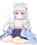  1girl animal_ears bangs blunt_bangs cat_ears cat_girl cat_tail commentary_request genshin_impact grey_eyes grey_hair hair_tubes hakama hakama_skirt japanese_clothes kamisato_ayaka kemonomimi_mode long_hair long_sleeves looking_at_viewer mole mole_under_eye paw_pose ponytail sidelocks simple_background sitting skirt solo tail tutsucha_illust wariza white_background wide_sleeves younger 