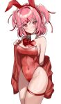  1girl animal_ears b4_(yonten) bare_shoulders blush bow bowtie breasts cleavage closed_mouth covered_navel cowboy_shot detached_collar doki_doki_literature_club fake_animal_ears hair_ornament hairband hairclip highres jacket leotard long_sleeves looking_at_viewer medium_breasts natsuki_(doki_doki_literature_club) off_shoulder open_clothes open_jacket pink_hair playboy_bunny rabbit_ears red_bow red_bowtie red_eyes red_hairband red_jacket red_leotard short_hair simple_background solo strapless strapless_leotard thigh_strap white_background 
