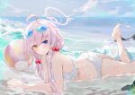  1girl ahoge bare_arms bare_shoulders barefoot bikini blue_archive blue_eyes blush closed_mouth cloud dema_hmw eyewear_on_head frilled_bikini frills hair_over_shoulder halo heterochromia hoshino_(blue_archive) hoshino_(swimsuit)_(blue_archive) leg_up looking_at_viewer lying ocean on_stomach outdoors shallow_water signature sky solo sparkle sunglasses swimsuit tinted_eyewear water water_drop wet white_bikini yellow_eyes 