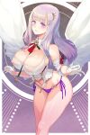  1girl azur_lane bangs between_breasts blunt_bangs blush breasts cleavage covered_nipples detached_collar glint gloves hair_ornament half_gloves highres large_breasts light_smile looking_at_viewer nipples panties parted_lips plymouth_(azur_lane) purple_eyes purple_hair purple_panties see-through side-tie_panties solo standing supurai underwear white_gloves 