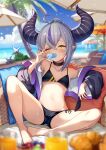 1girl ahoge bare_legs bare_shoulders barefoot beach beach_umbrella bikini black_bikini black_choker blue_sky blurry blurry_background blurry_foreground blush brat_(brabrabrat00) breasts choker cloud cloudy_sky collarbone day demon_horns depth_of_field diagonal_stripes drink food grey_hair hair_between_eyes hand_up highres holding holding_food hololive horns jacket la+_darknesss leaning_back long_sleeves looking_at_viewer multicolored_hair navel ocean off_shoulder one_eye_covered open_clothes open_jacket palm_tree pointy_ears popsicle popsicle_in_mouth purple_hair side-tie_bikini sitting sky small_breasts solo stomach streaked_hair string_bikini striped striped_horns swimsuit tree umbrella virtual_youtuber yellow_eyes 