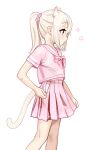  1girl absurdres animal_ear_fluff animal_ears bandaid bandaid_on_arm blonde_hair borrowed_character brown_eyes cat_ears cat_girl cat_tail from_side highres long_hair open_mouth original panties panty_peek parfait_(hawawa) pink_shirt pink_skirt pleated_skirt ponytail school_uniform scrunchie serafuku shirt short_sleeves simple_background skirt solo sweetonedollar tail underwear undressing unzipping white_background white_panties zipper 