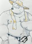  2022 anthro belly big_belly bulge clothing hat headgear headwear hi_res humanoid_hands kemono male mammal moobs navel nipples overweight overweight_male simple_background solo straw_hat suishou0602 swimwear towel towel_around_neck ursid 