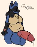  &lt;3 anthro balls belly big_balls big_belly big_penis bodily_fluids breasts chubby_gynomorph eyewear female genital_fluids genitals glasses gynomorph huge_balls huge_penis hyper hyper_balls hyper_genitalia hyper_penis intersex lucario monica_(cutiemonica) nintendo penis pok&eacute;mon pok&eacute;mon_(species) precum slightly_chubby solo video_games wyre_(artist) 