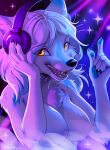  2022 5_fingers anthro breasts canid canine claws digital_media_(artwork) featureless_breasts female fingers hair hioshiru looking_at_viewer mammal nude open_mouth smile solo teeth tongue white_hair yellow_eyes 