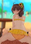  1boy 1girl absurdres ahoge aqua_eyes ass back beach blurry blurry_background brown_hair bulge determined flower grin hair_flower hair_ornament highres hololive natsuiro_matsuri reverse_cowgirl_position ryuhei0515teri side_ponytail smile straddling sweat swimsuit tan tanlines 